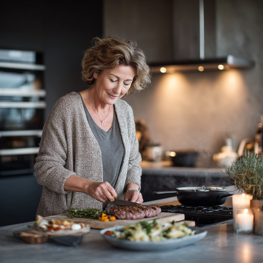 Старша пара готує здорову їжу